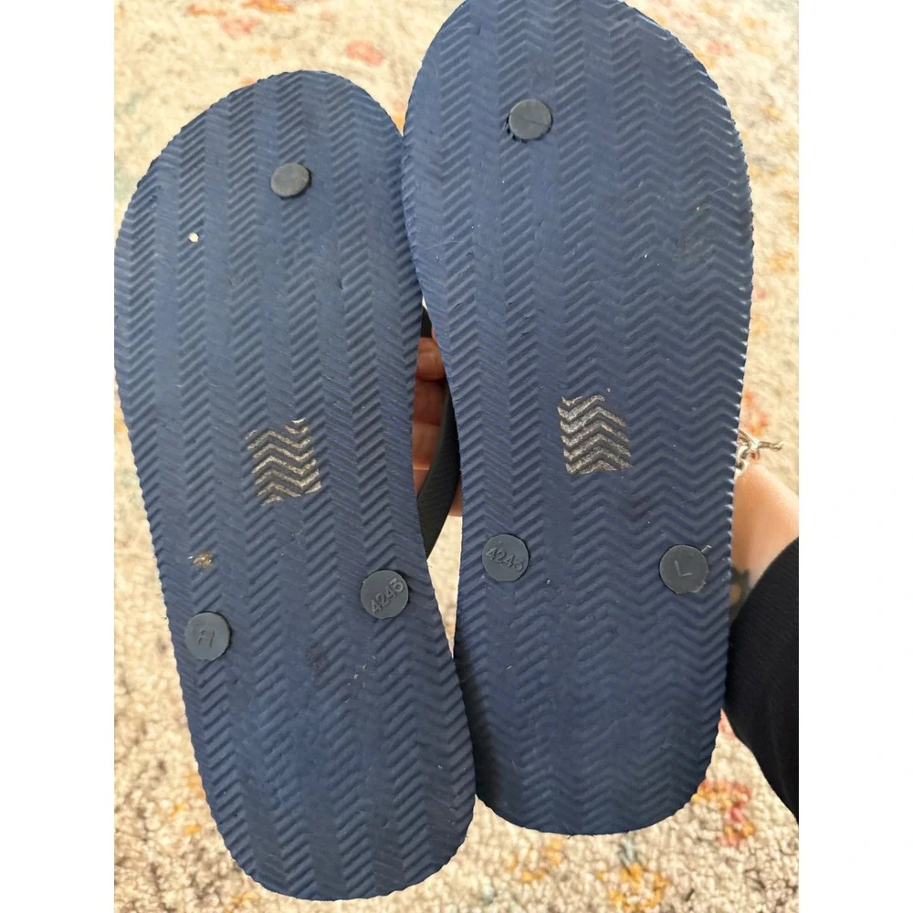 Solfish Mens Flip Flop Sandals Navy Blue Striped Wood Grain Print Size L 11-12